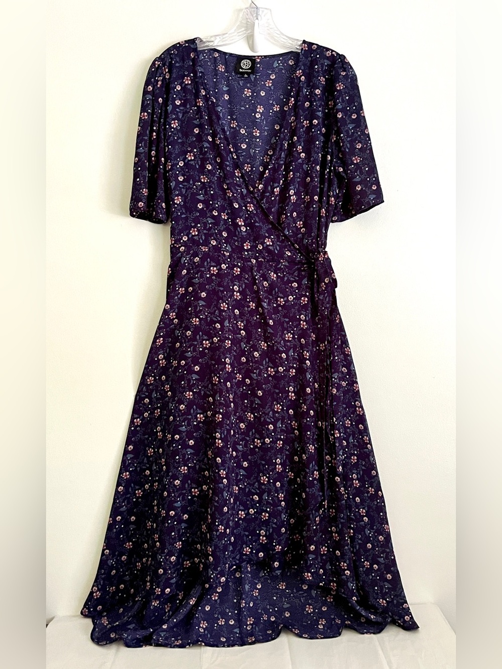 Bobeau Blue Floral Wrap Maxi Dress L High Low Hem Short Sleeve Cottagecore Boho